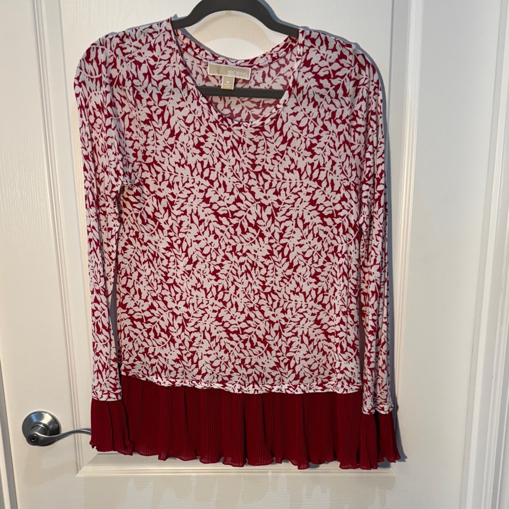 Michael Kors Red and White Leaf Print Blouse Long Sleeves Border Along Bottom M